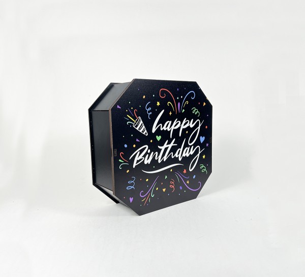 Коробка восьмикутна,чорна  "Happy Birthday"святковий феєрверк,1