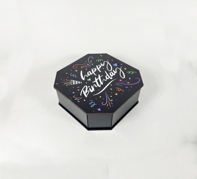 Коробка восьмикутна,чорна  "Happy Birthday"святковий феєрверк,1