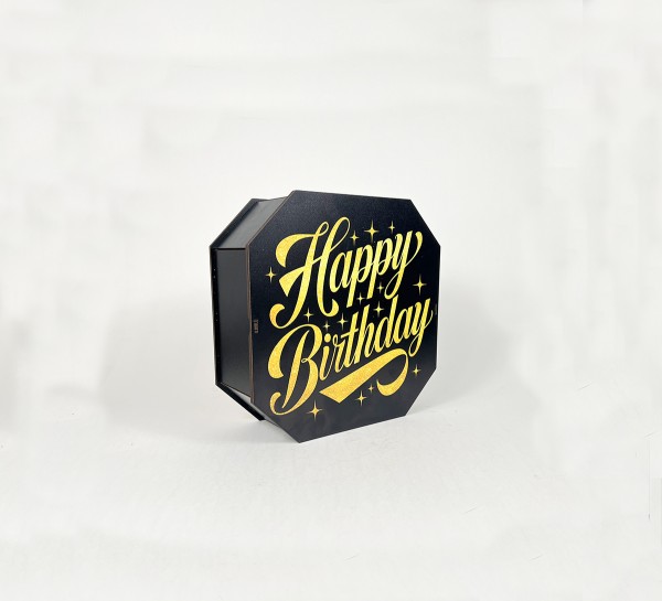 Коробка восьмикутна,чорна "Happy Birthday"золоте сяйво,1