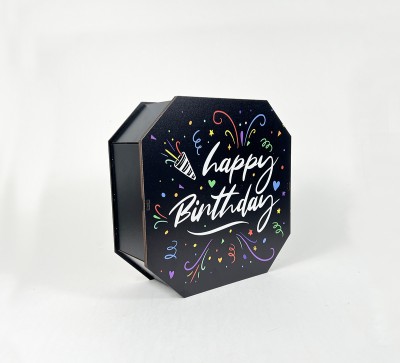 Коробка восьмикутна,чорна  "Happy Birthday"святковий феєрверк,2