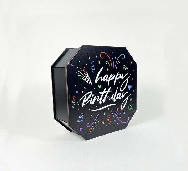 Коробка восьмикутна,чорна  "Happy Birthday"святковий феєрверк,2