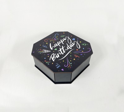 Коробка восьмикутна,чорна  "Happy Birthday"святковий феєрверк,2