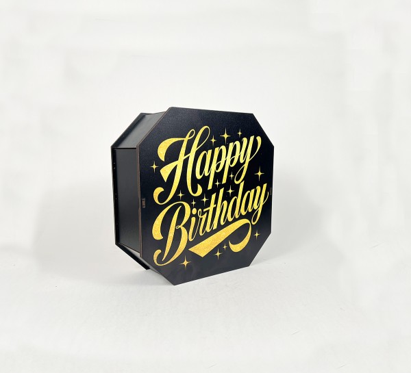 Коробка восьмикутна,чорна Happy Birthday"золоте сяйво,2