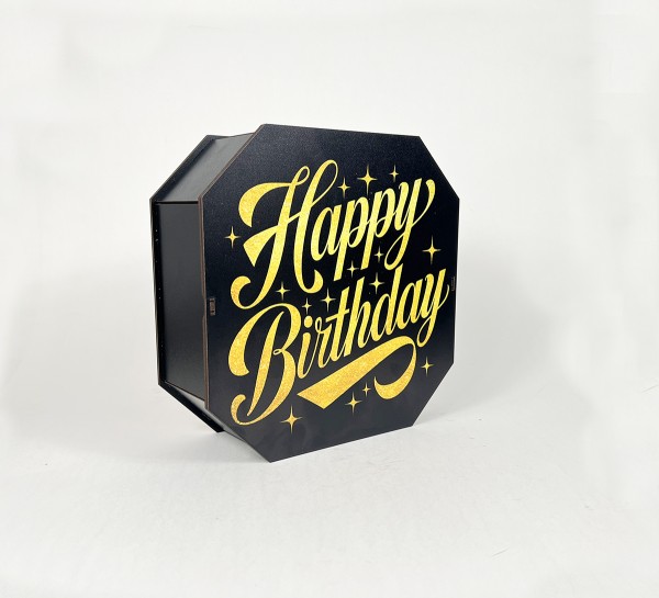 Коробка восьмикутна,чорна "Happy Birthday"золоте сяйво,3