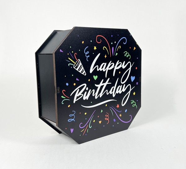 Коробка восьмикутна,чорна "Happy Birthday"святковий феєрверк,4 Коробка восьмикутна,чорна "Happy Birthday"святковий феєрверк,4