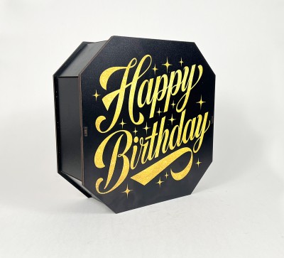 Коробка восьмикутна,чорна  "Happy Birthday"золоте сяйво,4