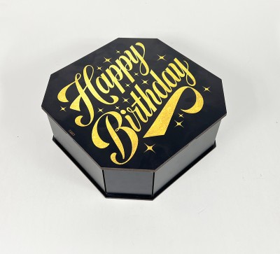 Коробка восьмикутна,чорна  "Happy Birthday"золоте сяйво,4