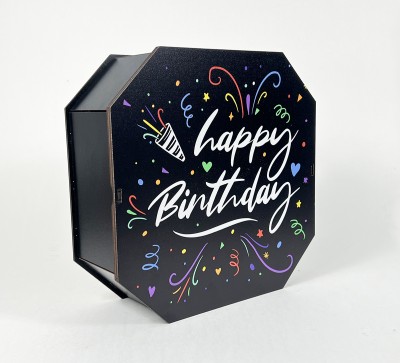 Коробка восьмикутна,чорна  "Happy Birthday"святковий феєрверк,5