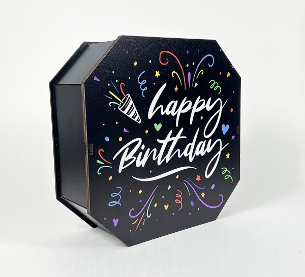 Коробка восьмикутна,чорна  "Happy Birthday"святковий феєрверк,5