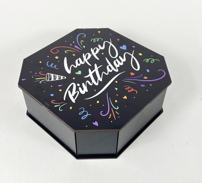 Коробка восьмикутна,чорна  "Happy Birthday"святковий феєрверк,5