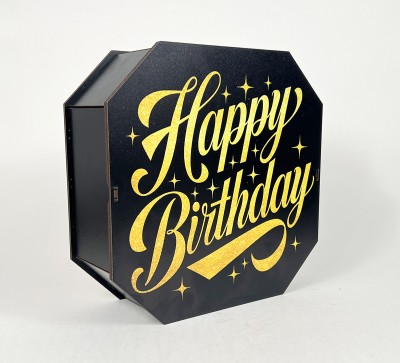 Коробка восьмикутна,чорна  "Happy Birthday"золоте сяйво,5