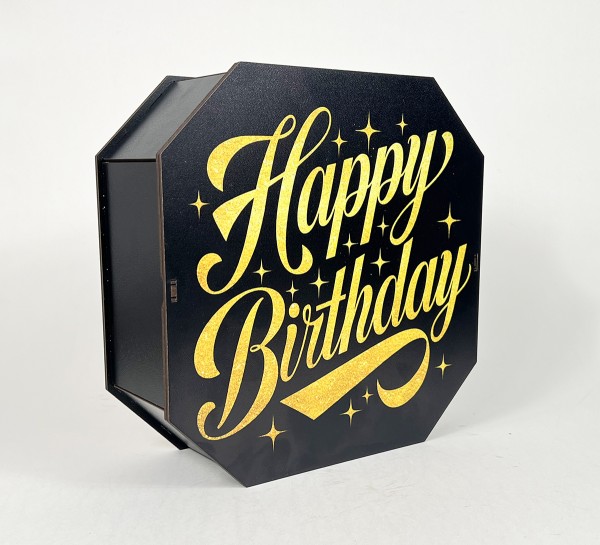 Коробка восьмикутна,чорна "Happy Birthday"золоте сяйво,5 Коробка восьмикутна,чорна "Happy Birthday"золоте сяйво,5