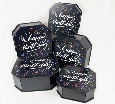Набір восьмикутних коробок ,чорних "Happy Birthday"святковий феєрверк