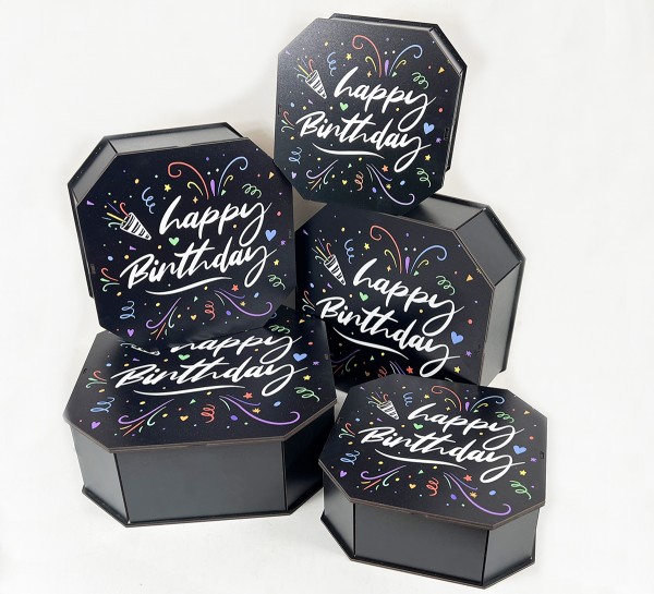 Набір восьмикутних коробок ,чорних "Happy Birthday"святковий феєрверк