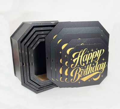 Набір восьмикутних коробок ,чорних "Happy Birthday"золоте сяйво Набір восьмикутних коробок ,чорних "Happy Birthday"золоте сяйво