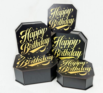 Набір восьмикутних коробок ,чорних "Happy Birthday"золоте сяйво Набір восьмикутних коробок ,чорних "Happy Birthday"золоте сяйво