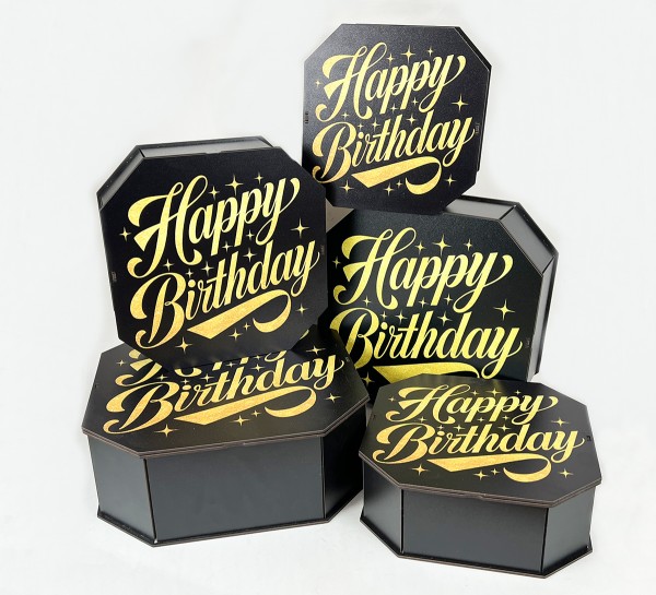 Набір восьмикутних коробок ,чорних "Happy Birthday"золоте сяйво Набір восьмикутних коробок ,чорних "Happy Birthday"золоте сяйво