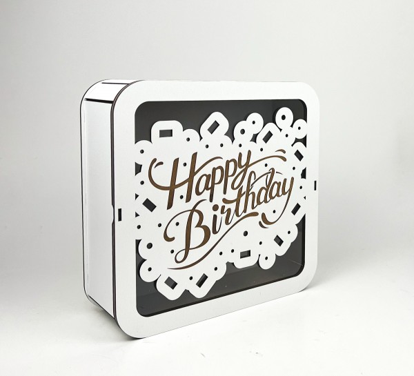 Коробка квадратна з прозорою кришкою та гравіюванням "Happy Birthday"візерунки Коробка квадратна з прозорою кришкою та гравіюванням "Happy Birthday"візерунки