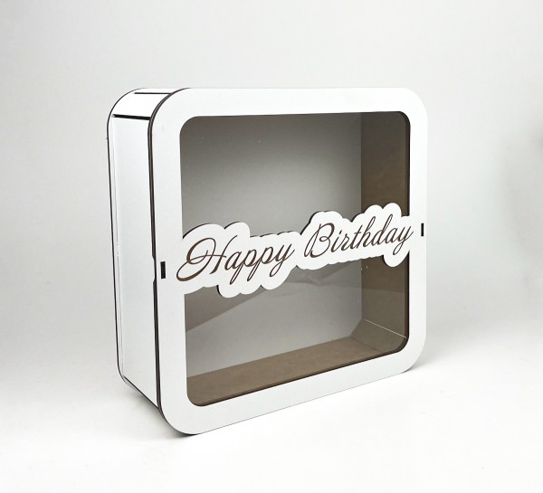 Коробка квадратна з прозорою кришкою та гравіюванням "Happy Birthday" Коробка квадратна з прозорою кришкою та гравіюванням "Happy Birthday"